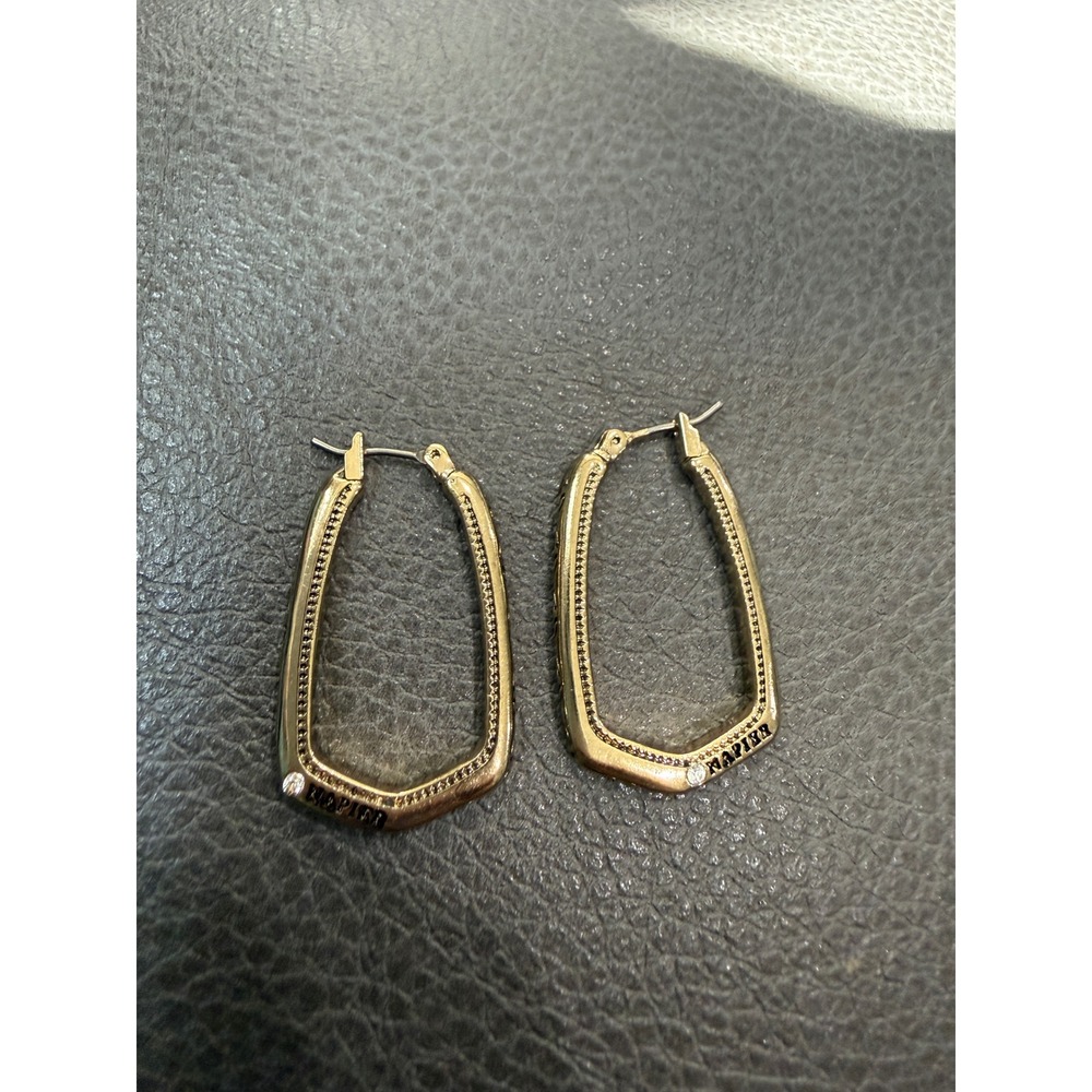 Napier Gold Tone Geometric Trapezoid Hoop Earrings Rhinestone Accent Leverback
